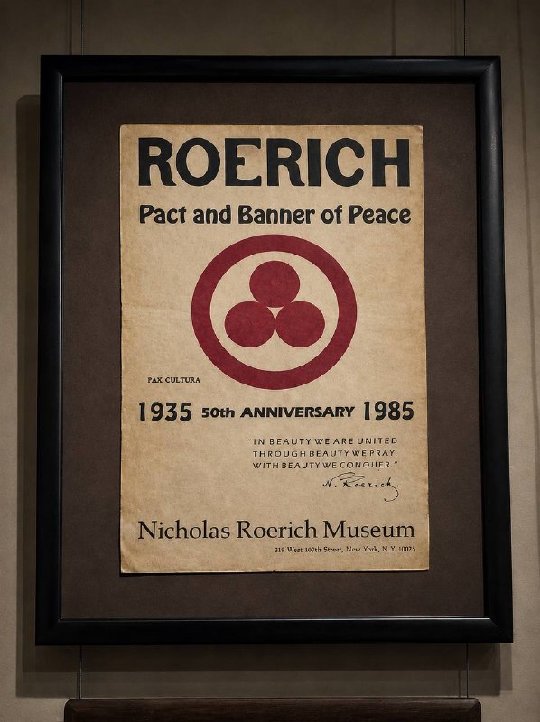Плакат выставки Roerich с надписью Pact and Banner of Peace в раме на стене галереи — исторический материал в экспозиции Музея Востока.