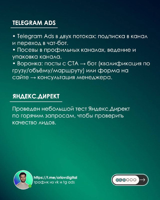 Слайд с описанием каналов: Telegram Ads в двух потоках, посевы, упаковка канала и тест Яндекс.Директ по горячим запросам.