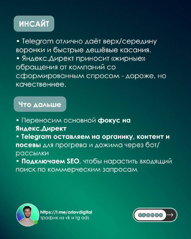 Слайд «Инсайт»: выводы — Telegram для прогрева и доверия, Яндекс.Директ для «жирных» лидов, дальнейшие шаги с SEO и фокусом на Директ.