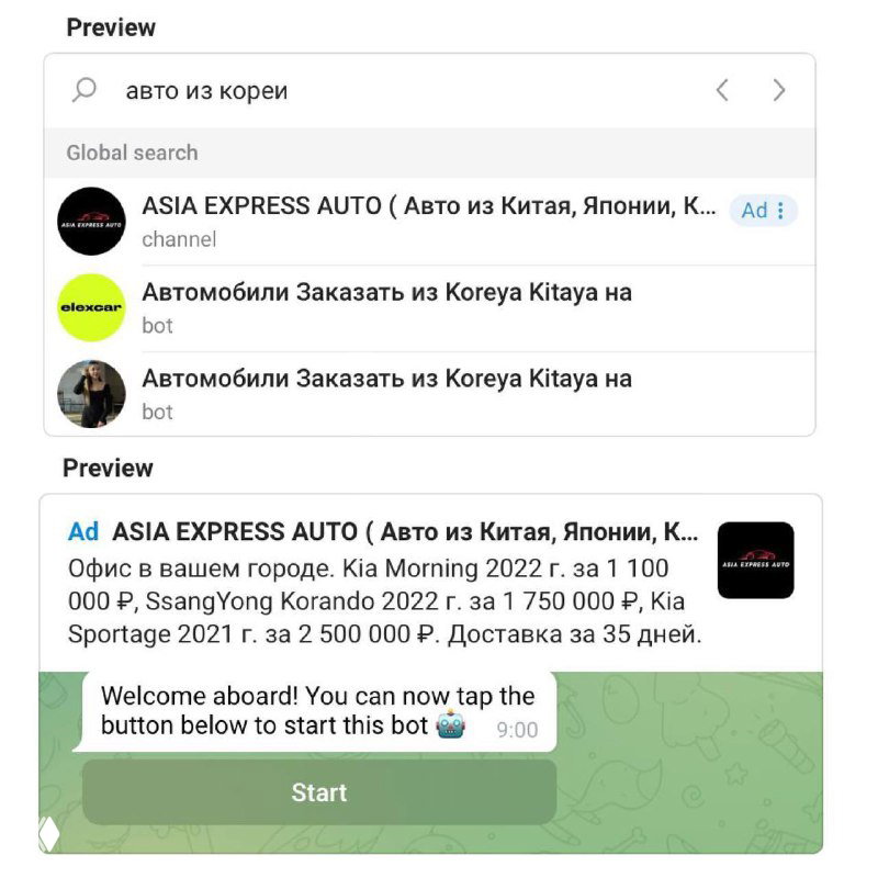 Скриншоты показа объявления в поиске и чате Telegram и экран приветствия бота: название, краткий текст оффера и кнопка Start для перехода.
