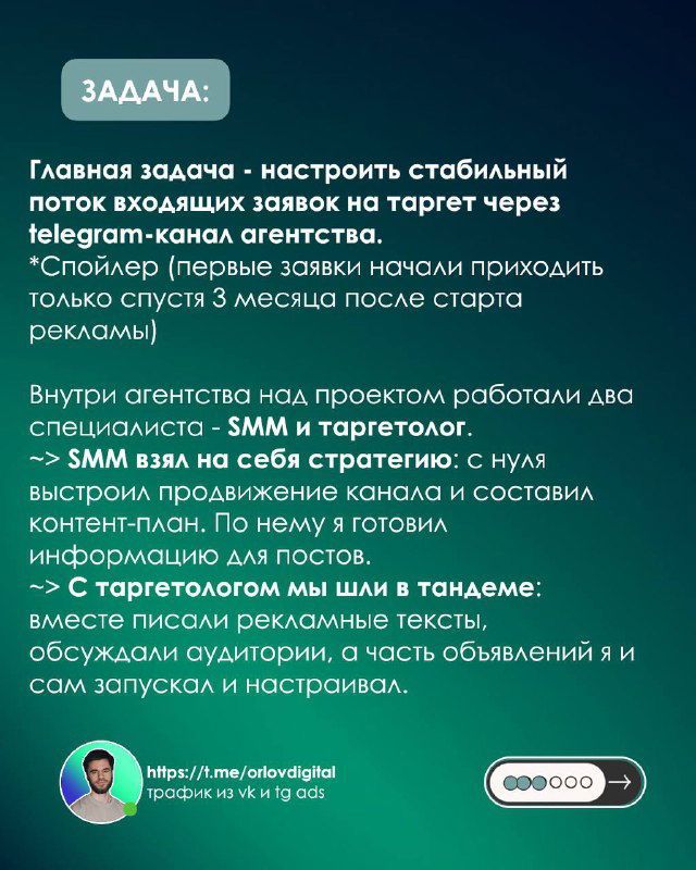 Слайд с задачей проекта: настройка стабильного потока заявок в агентский Telegram‑канал через таргет и лид‑магнит, текст и список шагов на зелёном фоне.
