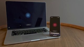 Ноутбук и смартфон на деревянном столе: на экране телефона видна демонстрация голосового интерфейса и визуализация обмена звуками между ИИ-агентами.