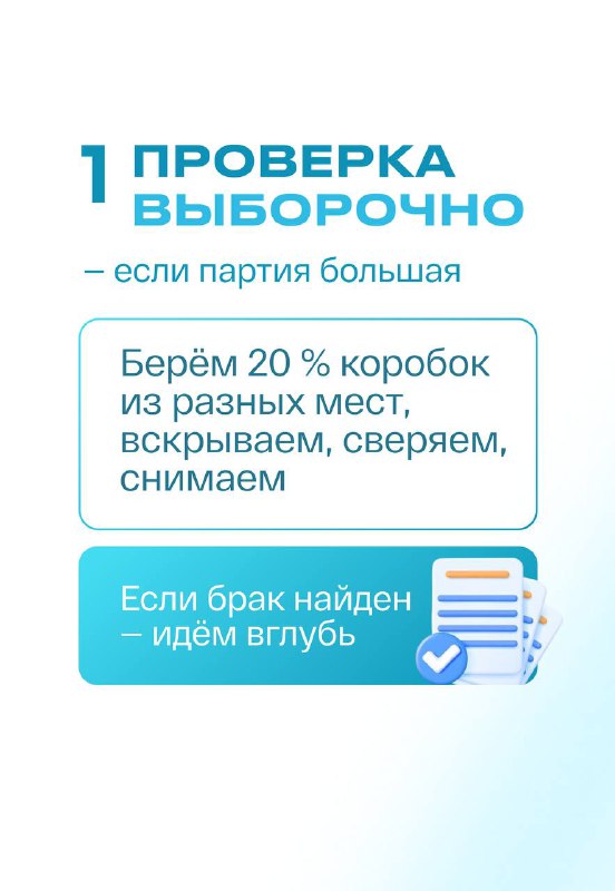 Карточка шаг 1 — выборочная проверка: инструкция брать ~20% коробок из разных мест, вскрывать и осматривать, при обнаружении переходить к углублённой проверке.