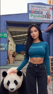 Женщина в бирюзовом топе с надписью Panda28 позирует у склада с вывеской Panda28; на переднем плане сидит панда.