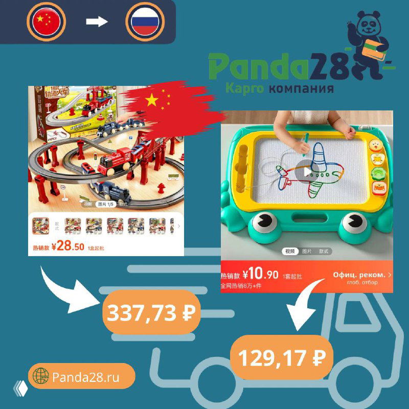 Изображение детских игрушек и развивающих наборов с примерами цен, брендирование Panda28 и символика доставки из Китая.