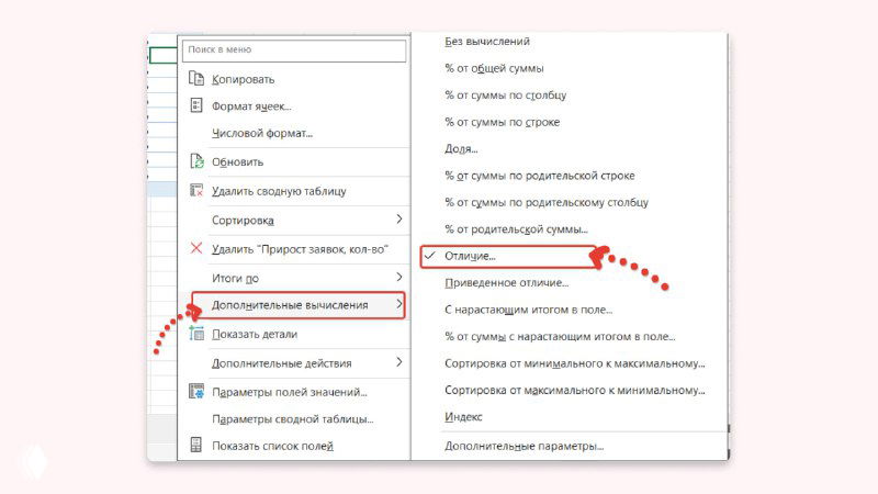 Скриншот контекстного меню Excel: выбран пункт «Дополнительные вычисления» и опция «Отличие» для сравнения с предыдущим периодом.