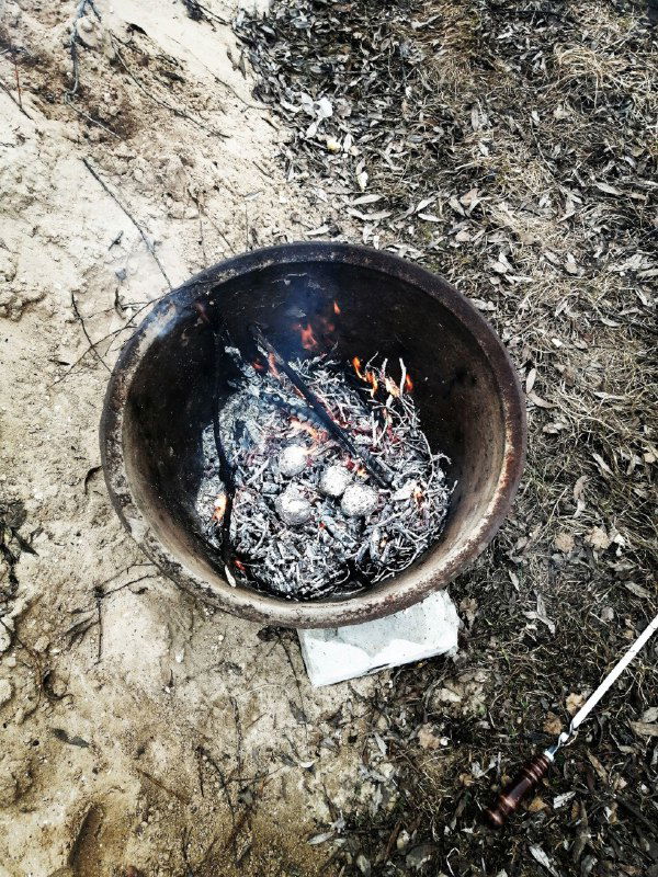 Вид сверху: тлеющие угли и зола в металлической миске — остатки приготовления еды на природе во время работы вне офиса.