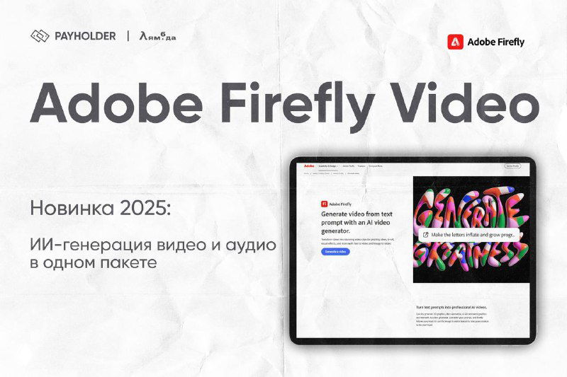 Слайд Adobe Firefly Video: заголовок и экран с примерами визуального контента, подчёркивающий интеграцию с Creative Cloud и генерацию аудио.