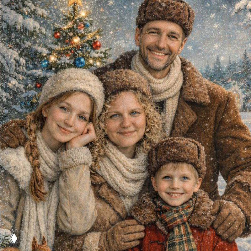 Персонализованный портрет семьи в ретро-стилизации: улыбающиеся взрослые и дети в тёплой зимней одежде на фоне украшенной елки и снежного пейзажа в винтажной палитре.