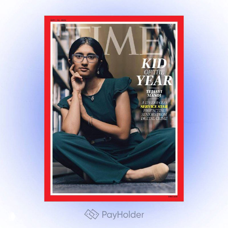 Обложка Time: портрет Теджасви Манож в зелёном костюме — создательница Shield Seniors, признанная «Ребёнком года».