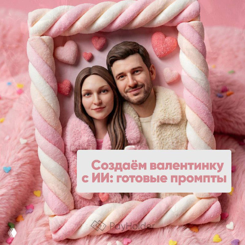 3D-иллюстрация валентинки в рамке из маршмеллоу: пара в пушистых куртках на розовом фоне, конфетные сердечки и текст о валентинке как пример генерации открытки.