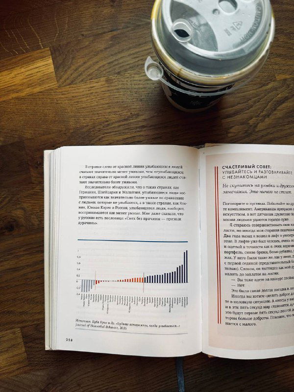 Разворот книги с графиком на странице и закрытая банка с напитком рядом на деревянном столе; иллюстрация проблемной визуализации данных в печатном издании.