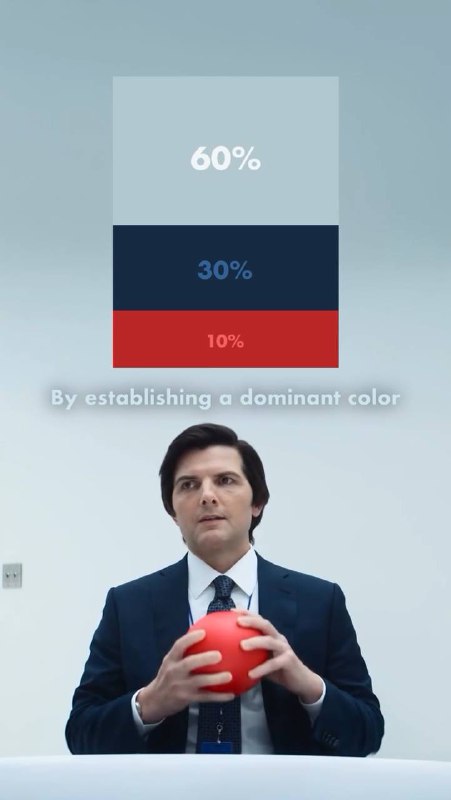 Актёр с красным мячом на фоне сцены; поверх кадра показана полосная палитра 60/30/10, подчёркивающая доминирующий и контрастный цвета.