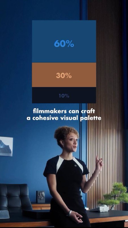 Тёмный интерьер и персонаж в кадре с вертикальной цветовой полосой 60/30/10; пример того, как создаётся согласованная визуальная палитра в кадре.