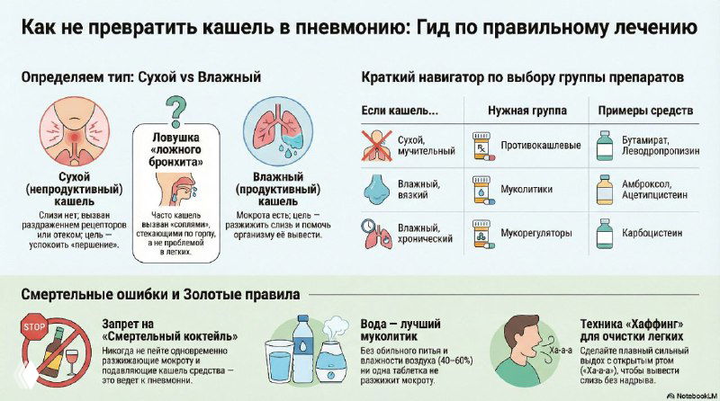 Презентация: алгоритм лечения кашля у детей, разделение сухого и влажного кашля, противопоказания к смешиванию препаратов и безопасные подходы.