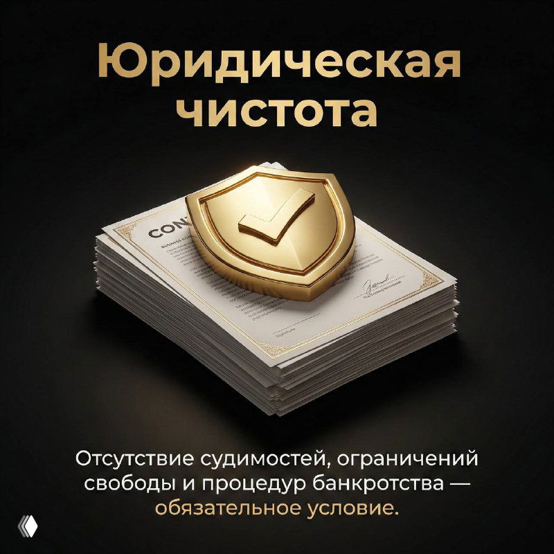 Стопка документов и щит с галочкой на тёмном фоне; иллюстрация требования юридической чистоты — отсутствие судимостей и ограничений свободы.