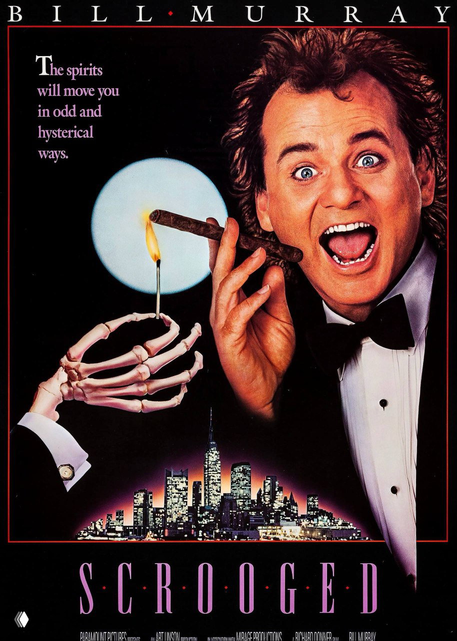 Постер «Новая рождественская сказка» (Scrooged): Билл Мюррей в экспрессивном образе, неоновый фон и абсурдный чёрный юмор, стилизованный плакат 80‑х.