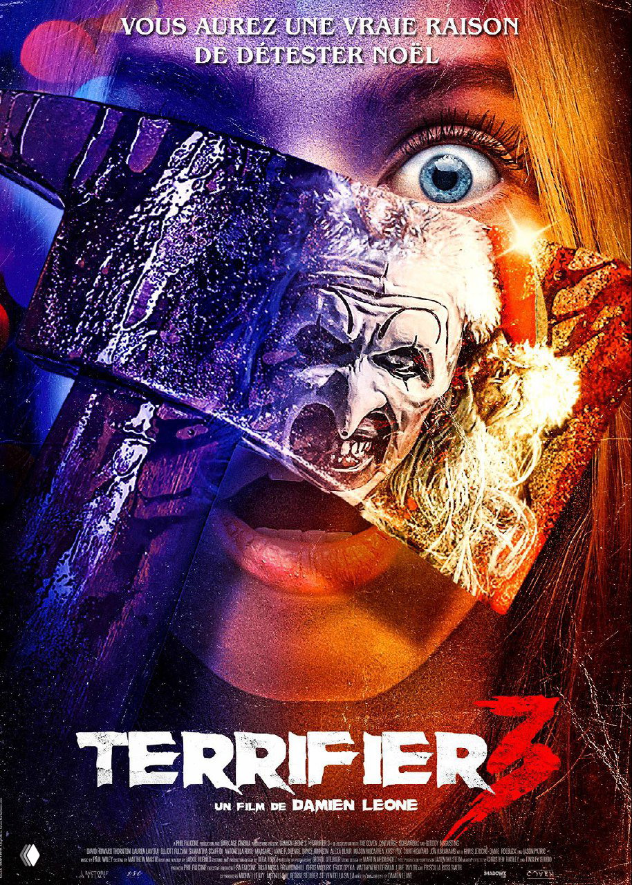 Постер «Ужасающий 3» (Terrifier 3): агрессивный образ демонического клоуна, психоделический коллаж и тревожная цветовая палитра хоррора.