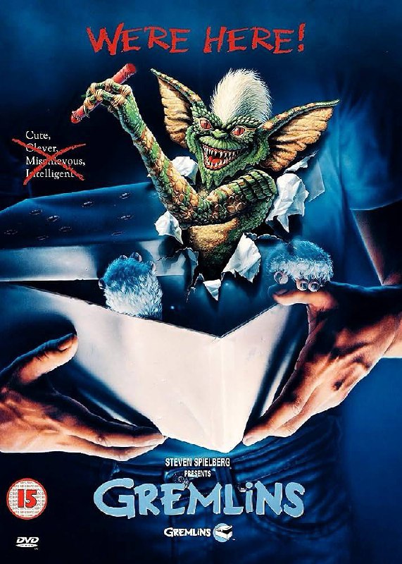 Постер «Гремлины»: коллекция хитроумных, злых гремлинов на винтажном рождественском фоне, сочетание ужаса и комедии в плейфул‑стиле.