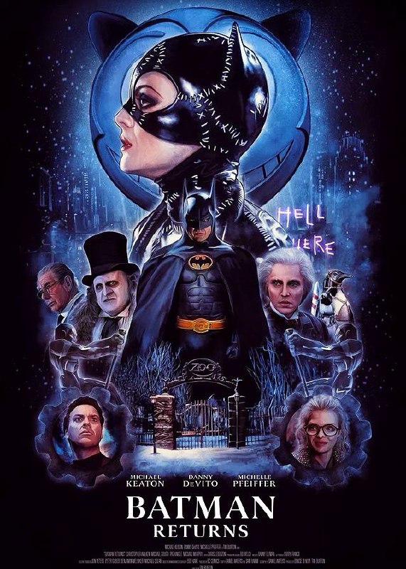 Постер «Бэтмен возвращается»: Мишель Пфайффер как Женщина‑кошка, Дэнни ДеВито как Пингвин, мрачный Готэм и сюрреалистическая тайна Тим‑Бёртона.