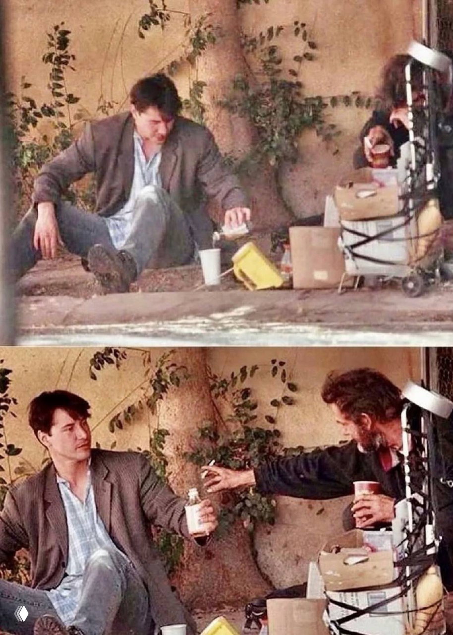 Два фото в коллаже: мужчина разговаривает и делится бутылкой, уличная сцена с простыми предметами быта и взаимодействием с другими людьми.