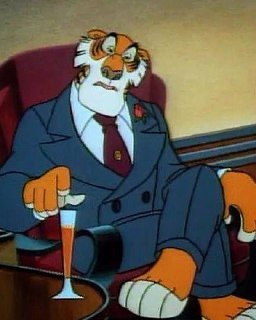 Стилизованный кадр антропоморфного тигра в костюме с бокалом — иллюстративная сценка в ретро-мультипликационной манере.