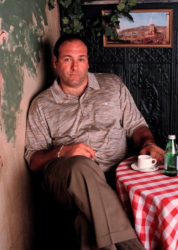 Тони Сопрано сидит за столиком кафе с чашкой кофе и бутылкой воды, интерьер в тёплых тонах создаёт ощущение домашней, почти семейной сцены.