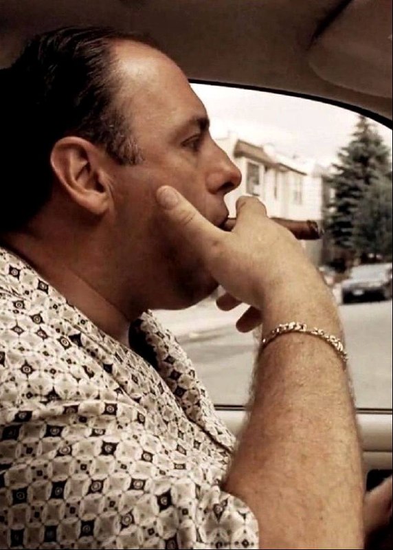 Профиль Тони в автомобиле с сигаретой, он задумчиво смотрит в окно — интимный и напряжённый момент во время движения или перед решающим действием.