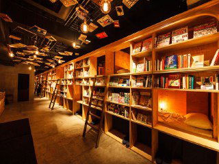 Ночная зона с лестницей и высокими книжными стеллажами, мягкое освещение и расположение капсул вдоль стен Book and Bed.