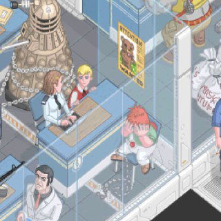 Фрагмент интерьера 796 этажа: прилавок и посетители, персонажи в пиксель-арт стиле взаимодействуют в маленькой сцене, много мелких отсылок и юмора.