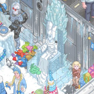 Сцена с ледяными декорациями и троноподобной статуей на 796 этаже: подарки, персонажи и мелкие предметы в пиксельной графике и юмористических отсылках.