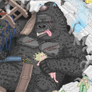 Большая монструозная фигура гориллы и маленькая персонажка рядом — мрачный и абсурдный эпизод среди прочих сцен 796 этажа, выполненный в пиксель-арт стиле.