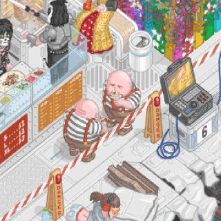 Фрагмент пространства с персонажами возле киоска и техникой: видно столики, кассу и мелкие предметы в пиксель-арт среде с юмористическими деталями.