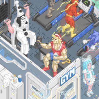 Тренажёрный зал на 796 этаже: персонажи занимаются на беговых дорожках и тренажёрах, комические герои и спортивные детали в изометрическом пиксель-рисунке.