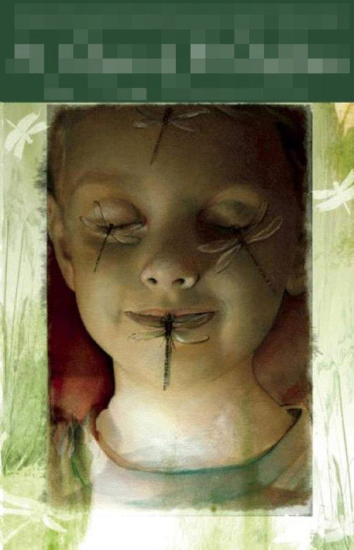 Обложка 2: бледное лицо куклы или ребёнка с зашитыми глазами и ртом, мрачная зелёно-бежево-коричневая палитра и пугающая атмосфера.