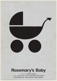 Версия постера с подписью фильма: светлая минималистичная пиктограмма детской коляски на сером фоне, подпись «Rosemary's Baby», состаренная бумажная фактура.