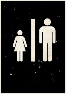 Контрастная пиктограмма: чёрный фон и две разделённые фигуры мужчин и женщин в виде дорожного пиктограмного знака, минимализм с эффектом старения бумаги.