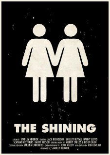 Минималистичная афиша с подписью «The Shining»: две женские фигуры на чёрном фоне, пиктограммы и состаренная текстура, графическая интерпретация романа/фильма.