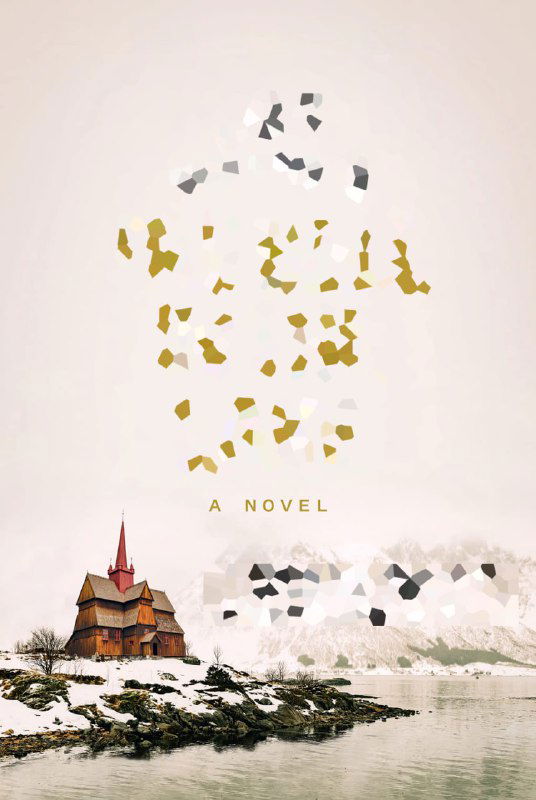 Обложка книги: небольшая деревянная церковь на снежном островке в туманном, почти минималистичном пейзаже; спокойная, немного отрешённая праздничная сцена.