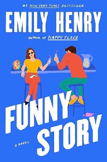 Яркая голубая обложка Funny Story Эмили Генри: стилизованная иллюстрация пары за столом, передающая лёгкий романтический тон книги.
