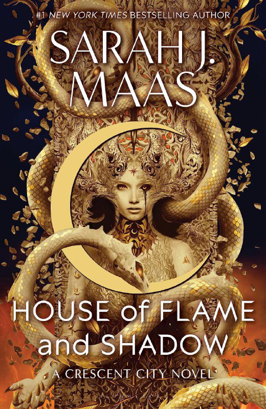 Декоративная фэнтези-обложка House of Flame and Shadow Сары Дж. Маас с орнаментом и портретом героини; золотые мотивы и мрачная эстетика.