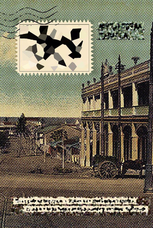 Винтажная коллажная обложка с изображением колоннады старого здания и наложением почтовой марки, состаренный эффект и сдержанные цвета.