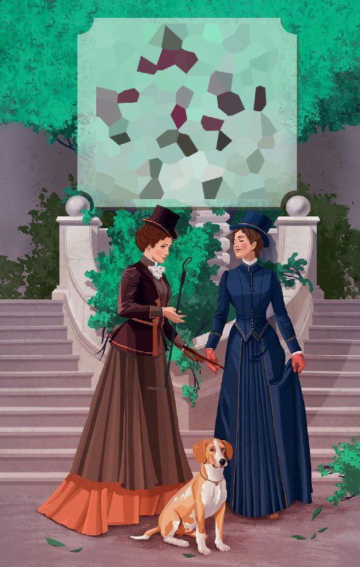 Иллюстрация двух женщин в викторианских платьях у парадной лестницы с маленькой собакой, декоративная рамка и пастельная цветовая гамма.