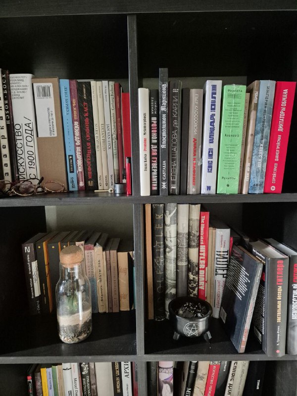 Книжные кубы с упорядоченными и сложенными книгами; на полках видны небольшие предметы декора и стеклянные ёмкости.