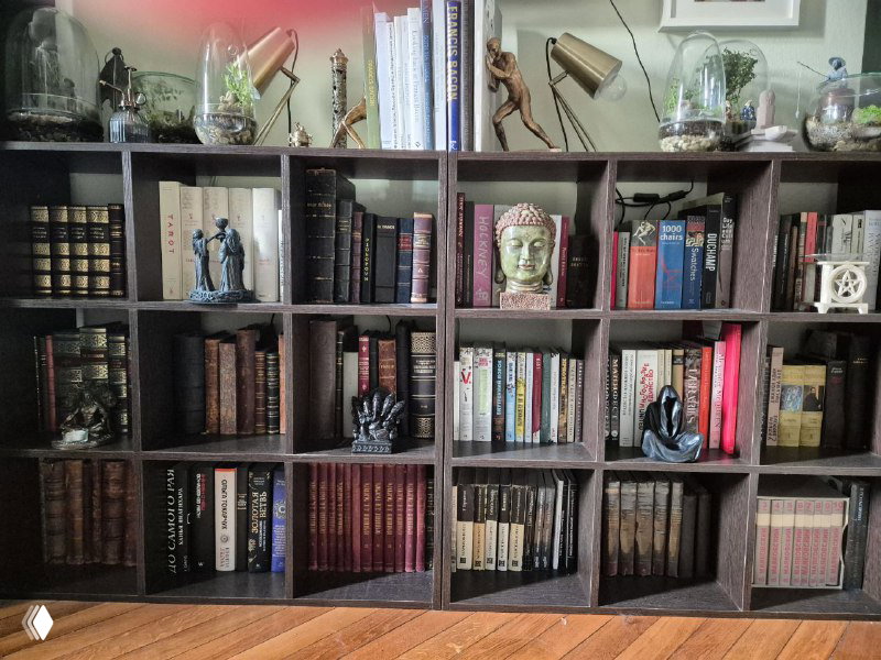 Широкий кадр большой книжной стены в интерьере: множество томов, статуэтки и предметы декора, демонстрирующие объём личной библиотеки.