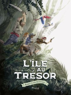Французское издание «L'Île au trésor»: акварельная иллюстрация джунглей и героев, динамичная сцена с движением и морской атмосферой — вариант обложки из международных изданий.