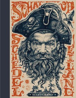 Иллюстрированная обложка с детализированным портретом старого пирата в гравюрном стиле: насыщенные цвета и декоративные элементы — вариант обложки из международных изданий.