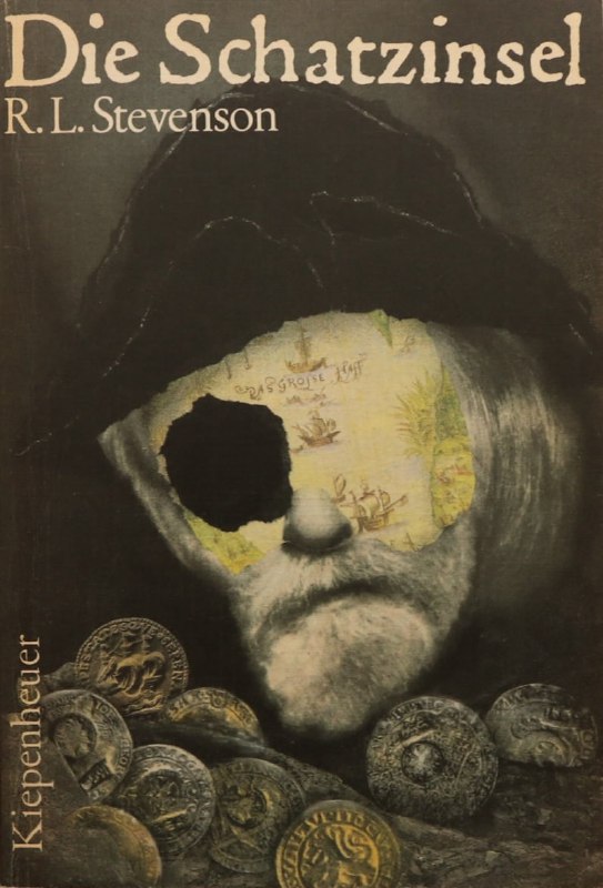 Немецкое издание «Die Schatzinsel»: состаренная фотография лица и монет, мрачная гамма и винтажная фактура обложки, ощущение старой книжной полиграфии — вариант обложки из международных изданий.