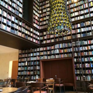 Крупный план книжных стеллажей и люстры в бывшей пивоварне, превращённой в отель B2 Boutique Hotel в Цюрихе.