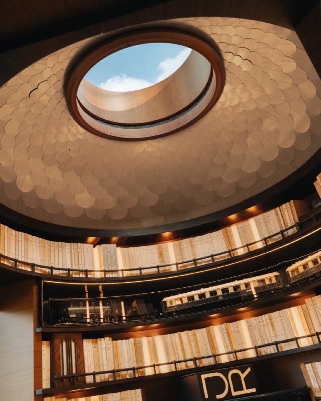 Вид в купол с круглым световым окном над библиотекой вагона: уровни полок, балконы и мягкое дневное освещение сквозь центральное отверстие.